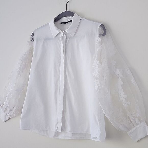 Zara White Organza Appliques Balloon Sleeves Button Down Shirt M (15) - Picture 10 of 10